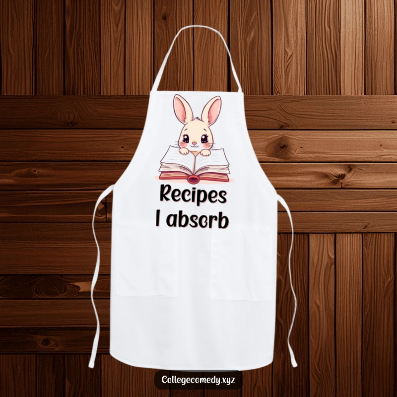 Funny rabbit character peeking into a colorful, open textbook on a kitchen apron, celebrating culinary and learning passions.