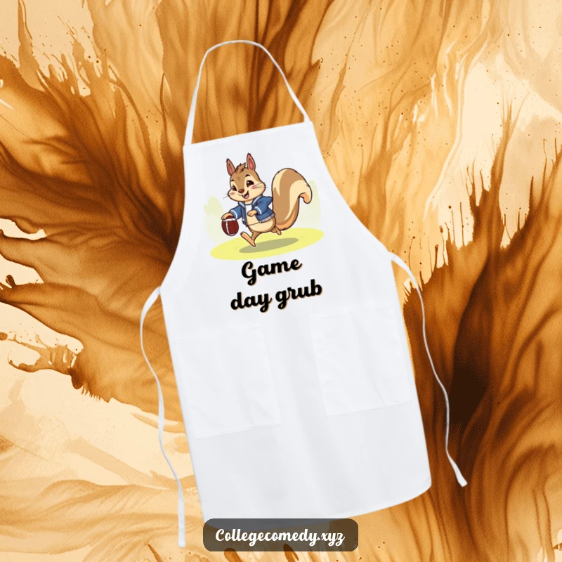 Funny squirrel football apron depicting an enthusiastic squirrel in a letterman jacket, happily kicking a tiny football, great for tailgating.