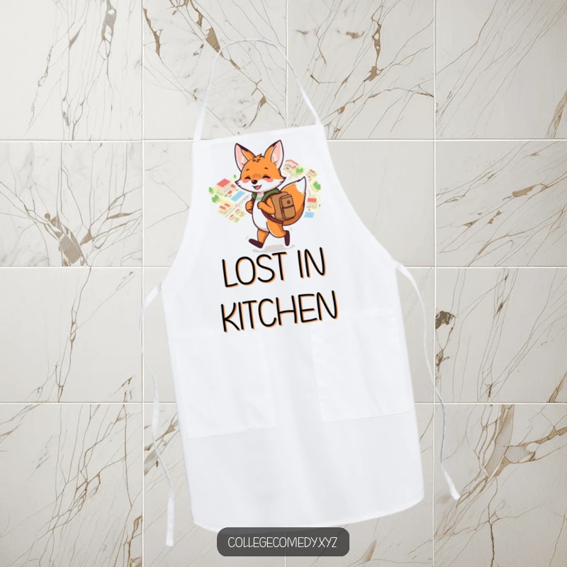 Funny campus apron depicting a playful fox with a backpack, joyfully navigating a colorful campus map, great for cooks.