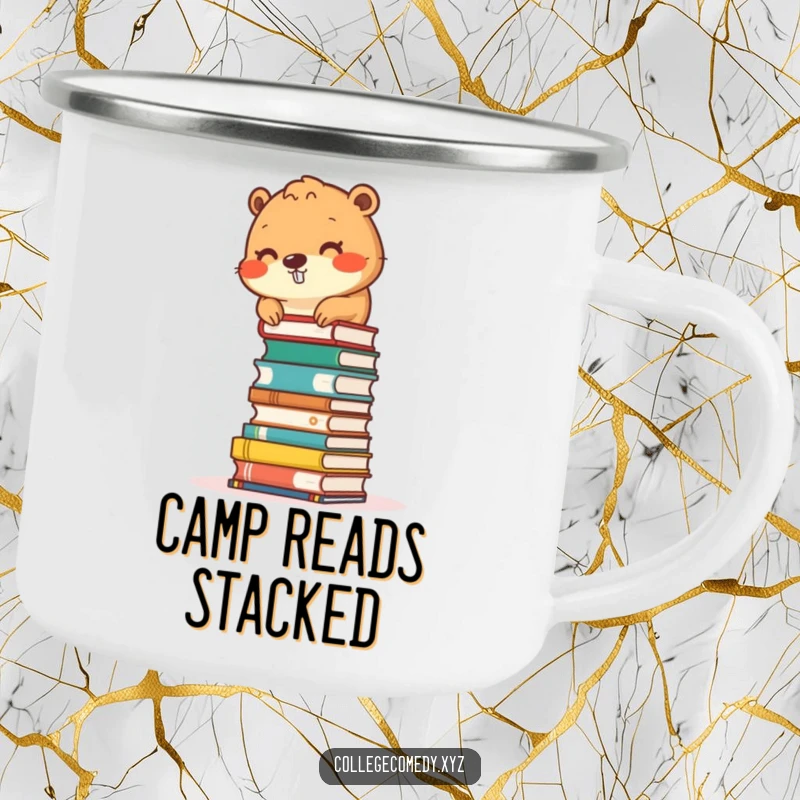 Funny beaver character stacking small books into a tower on a rugged camping mug, perfect for outdoor reading.