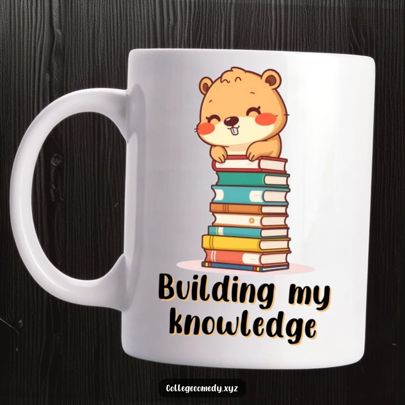 Funny beaver character diligently stacking small books into a tower, symbolizing knowledge and study.