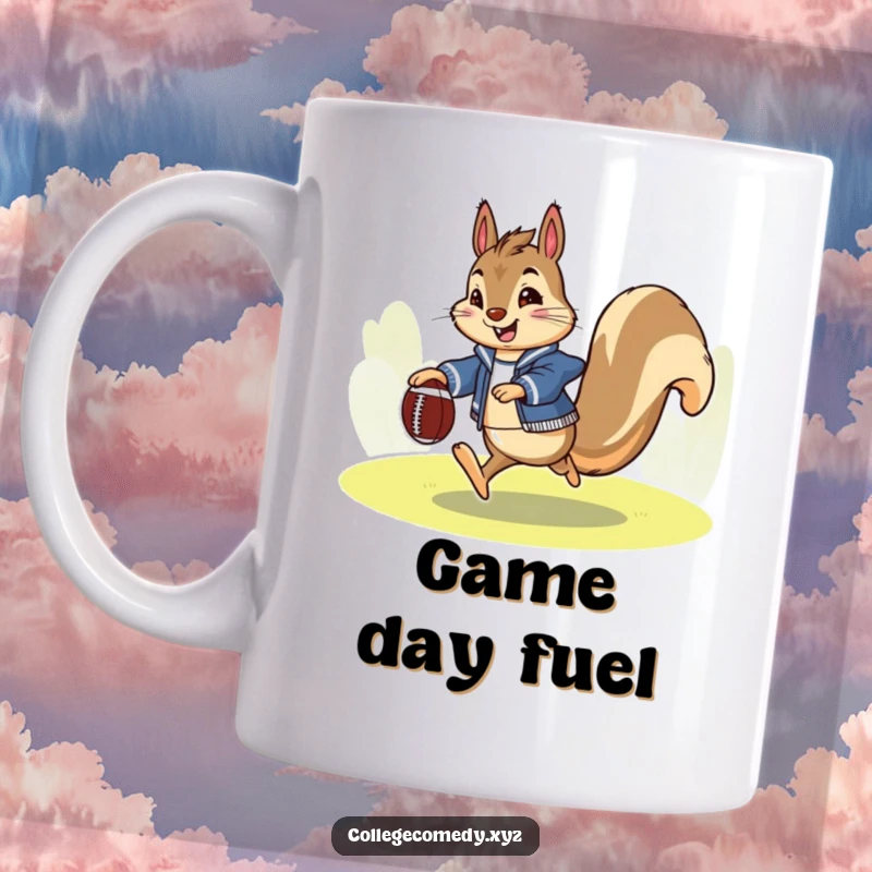 Funny squirrel football mug showing an enthusiastic squirrel in a letterman jacket, happily kicking a tiny football with spirit.