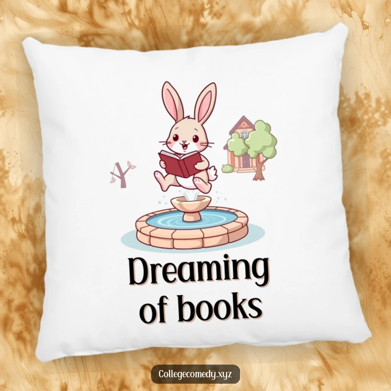 Funny bunny campus pillow with a joyful bunny holding a book, leaping over a stylized campus fountain, soft and charming.