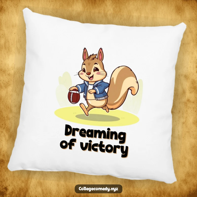 Funny squirrel football pillow with an enthusiastic squirrel in a letterman jacket, happily kicking a tiny football, cozy and fun.