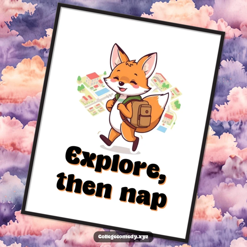 Funny campus digital art print of a playful fox with a backpack, joyfully navigating a colorful campus map, downloadable art.