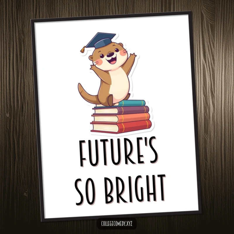 Funny graduation digital art print of a cute otter in a cap, enthusiastically leaping off a stack of books, downloadable art.