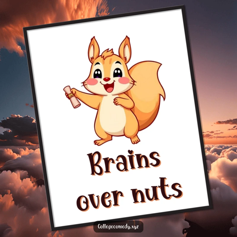 Funny, joyful squirrel character jumping with a tiny diploma as digital art, ready to print for celebrations.