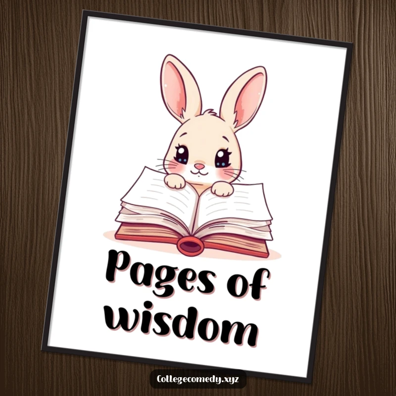 Funny rabbit character peeking into a colorful, open textbook as digital art, ready to print for study spaces.