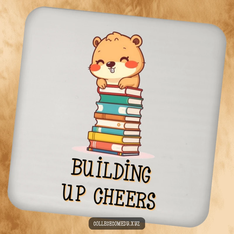 Funny beaver character stacking small books into a tower on a drink coaster, protecting surfaces with humor.