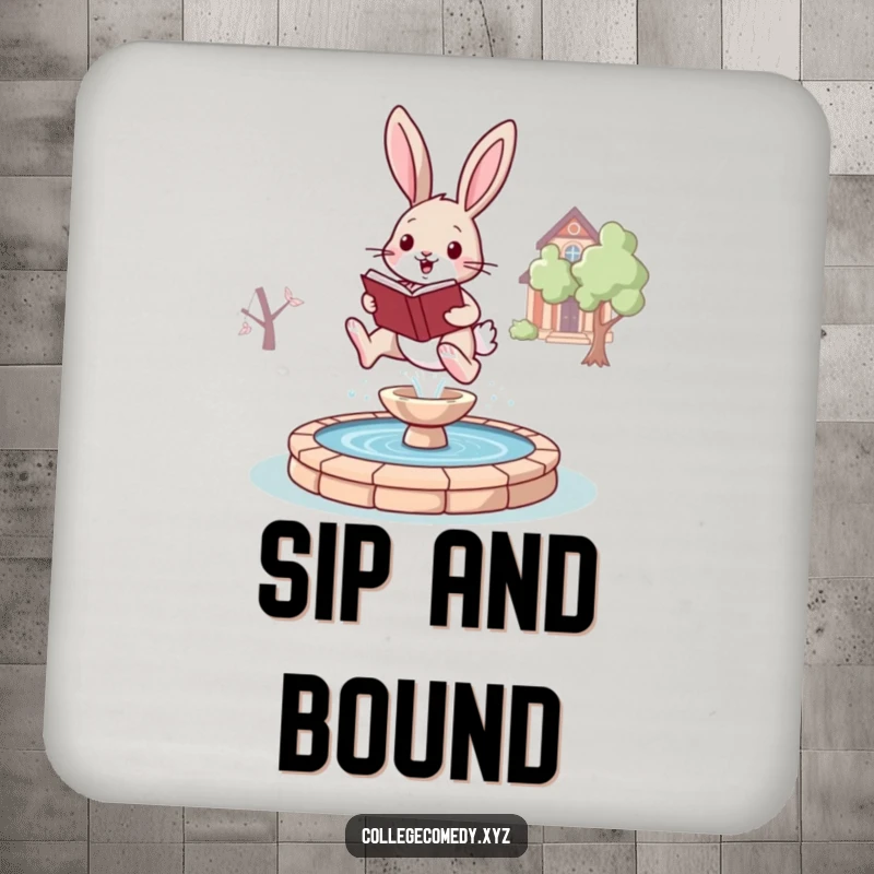 Funny bunny campus drink coaster featuring a joyful bunny holding a book, leaping over a stylized campus fountain, adding charm.