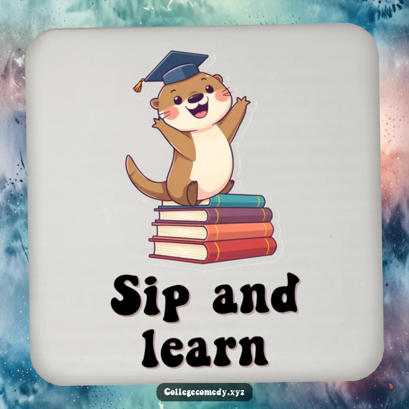 Funny graduation drink coaster featuring a cute otter in a cap, enthusiastically leaping off a stack of books, adding whimsy.