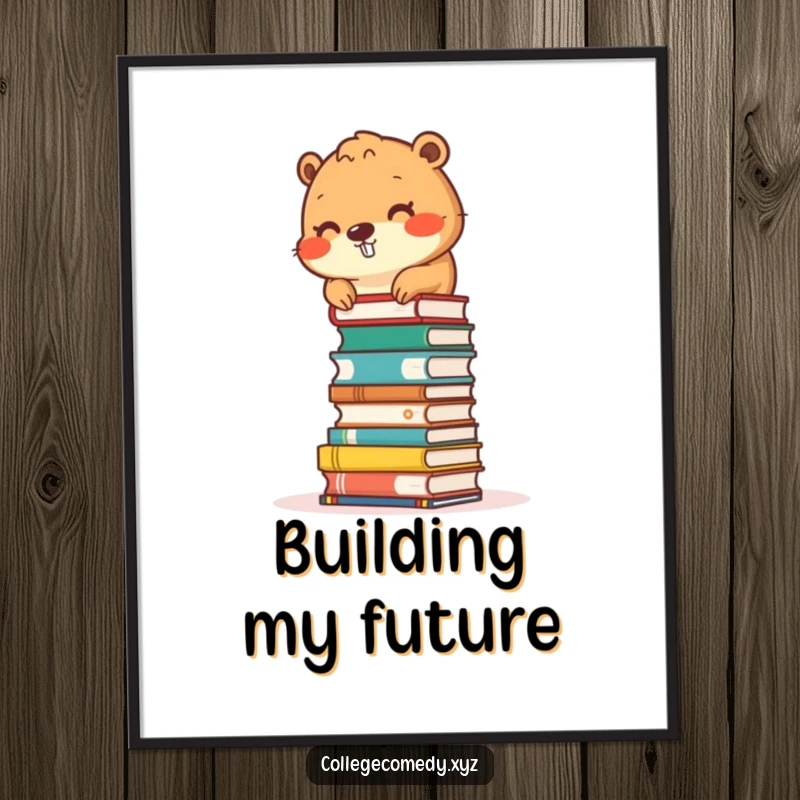 Funny beaver character stacking small books into a tower on a poster, perfect wall art for bookish spaces.