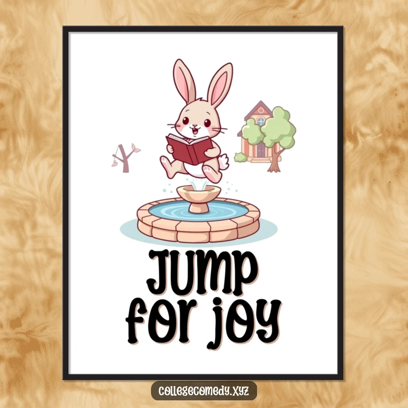 Funny bunny campus poster featuring a joyful bunny with a book, leaping over a stylized campus fountain, whimsical art.
