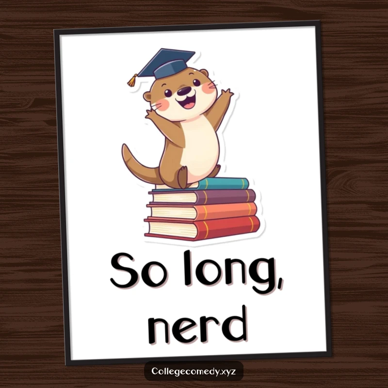 Funny graduation poster showcasing a cute otter in a cap, enthusiastically leaping off a stack of books, radiating academic triumph.