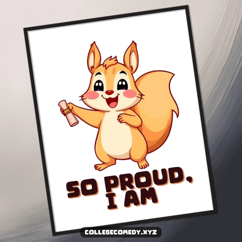 Funny, happy squirrel character jumping with a tiny diploma on a poster, perfect celebratory wall art.