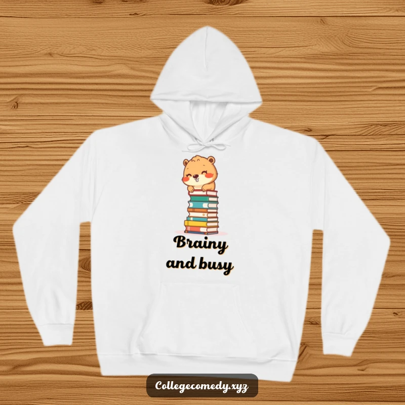 Funny beaver character stacking small books into a tower on a cozy hoodie, symbolizing literary pursuits.