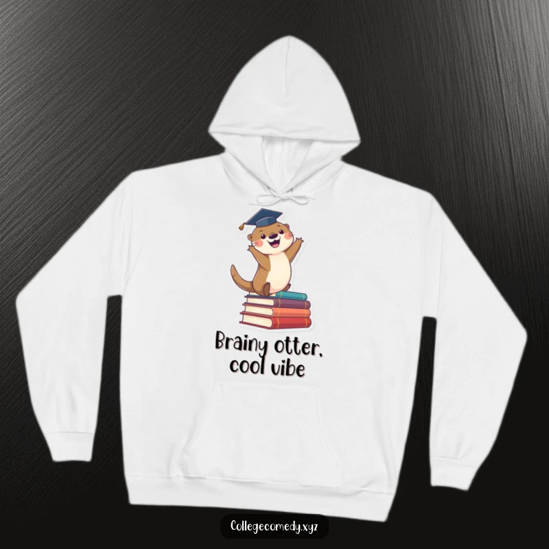 Funny graduation hoodie featuring a cute otter in a cap, enthusiastically leaping off a stack of books, embodying academic joy.