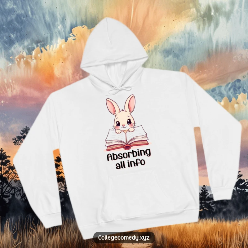 Funny rabbit character peeking into a colorful, open textbook on a cozy hoodie, symbolizing academic pursuit.