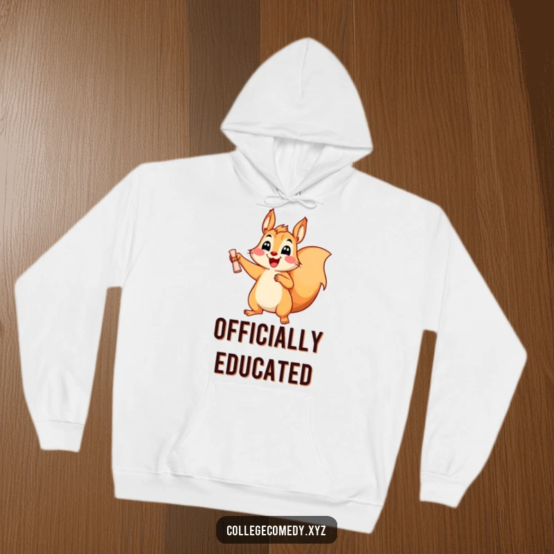 Funny, joyful squirrel character with a tiny diploma on a cozy hoodie, celebrating academic achievements.
