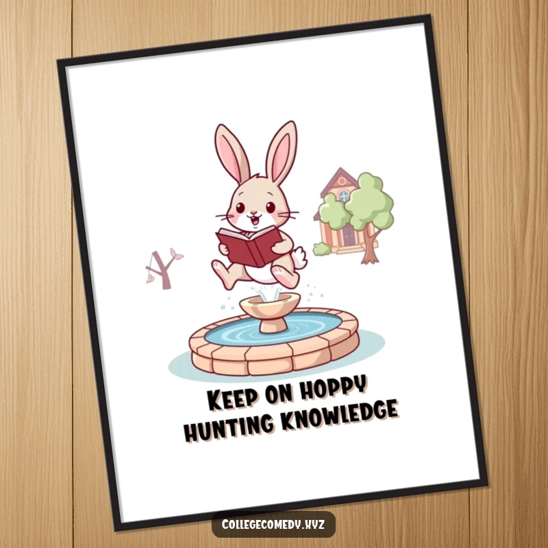 Funny free printable wall art of a bouncing bunny holding a book, leaping playfully over a stylized campus fountain.