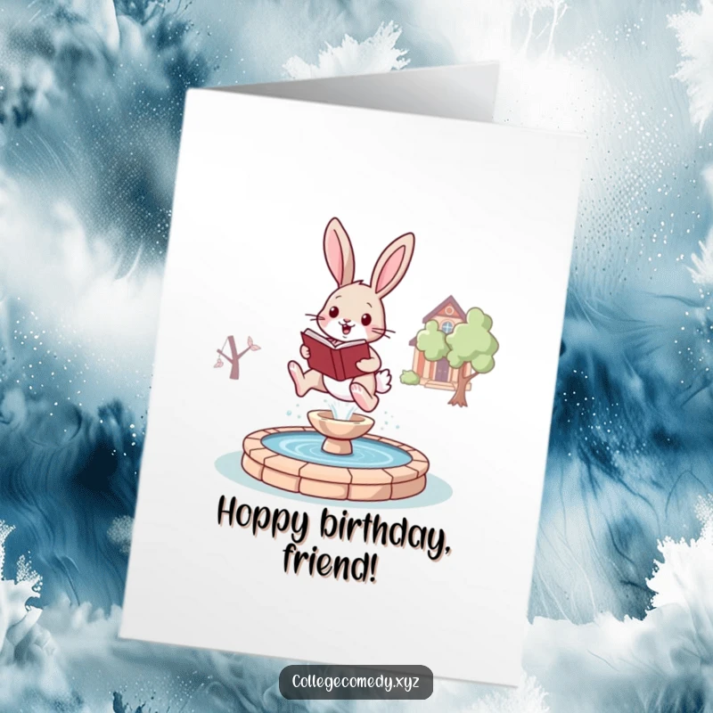Funny free printable birthday card of a bouncing bunny with a book leaping over a campus fountain, celebrating knowledge.