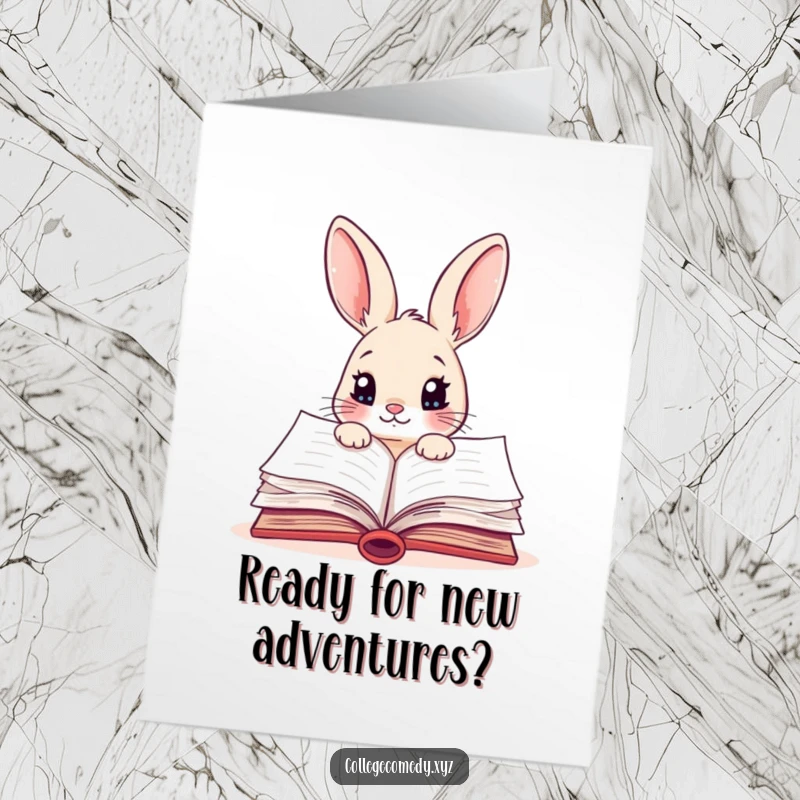 Funny Free Printable Rabbit Birthday Card: A curious rabbit peeks into a colorful open textbook, celebrating your bright mind.