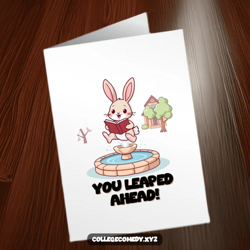 Funny free printable congratulations card showing a bunny with a book leaping over a campus fountain, celebrating success.