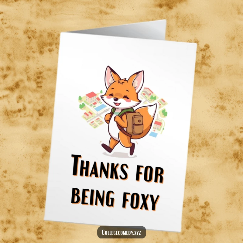 Funny free printable thank you card of a playful fox with a backpack holding a campus map, expressing gratitude.