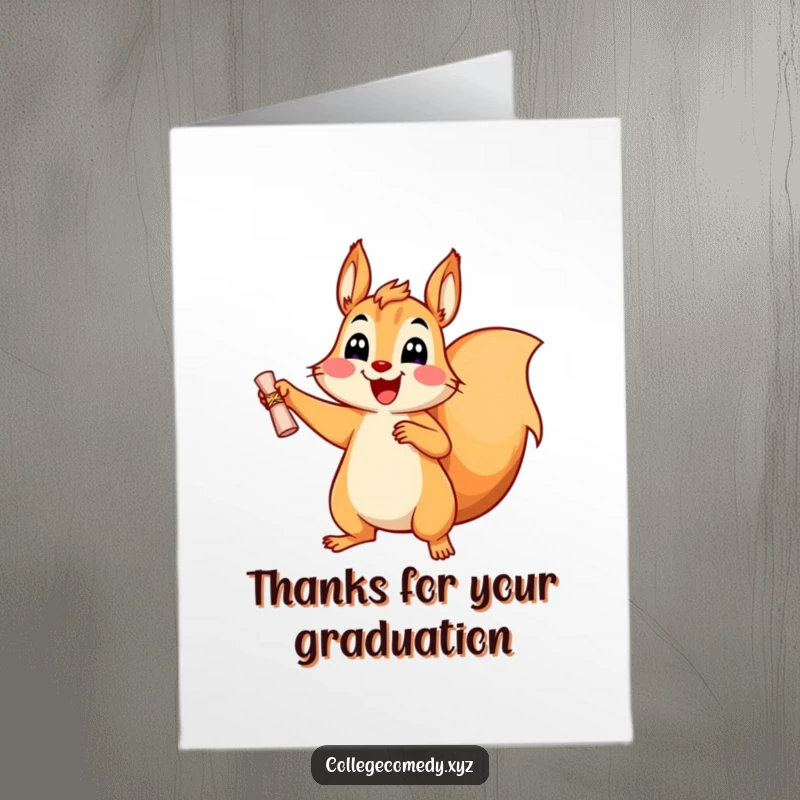 Funny Free Printable Squirrel Thank You Card: A cheerful squirrel holding a tiny diploma expresses thanks with pure joy.