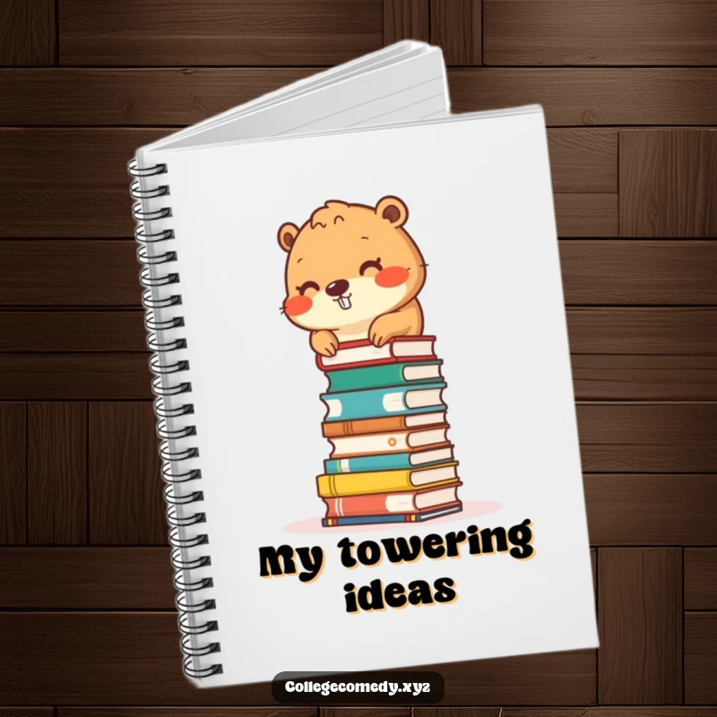 Funny beaver character stacking small books into a tower on a notebook, ideal for writing and journaling.