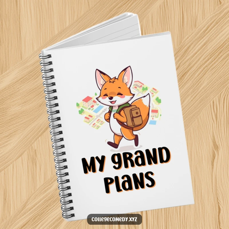 Funny campus notebook cover with a playful fox wearing a backpack, joyfully navigating a colorful campus map, ready for notes.