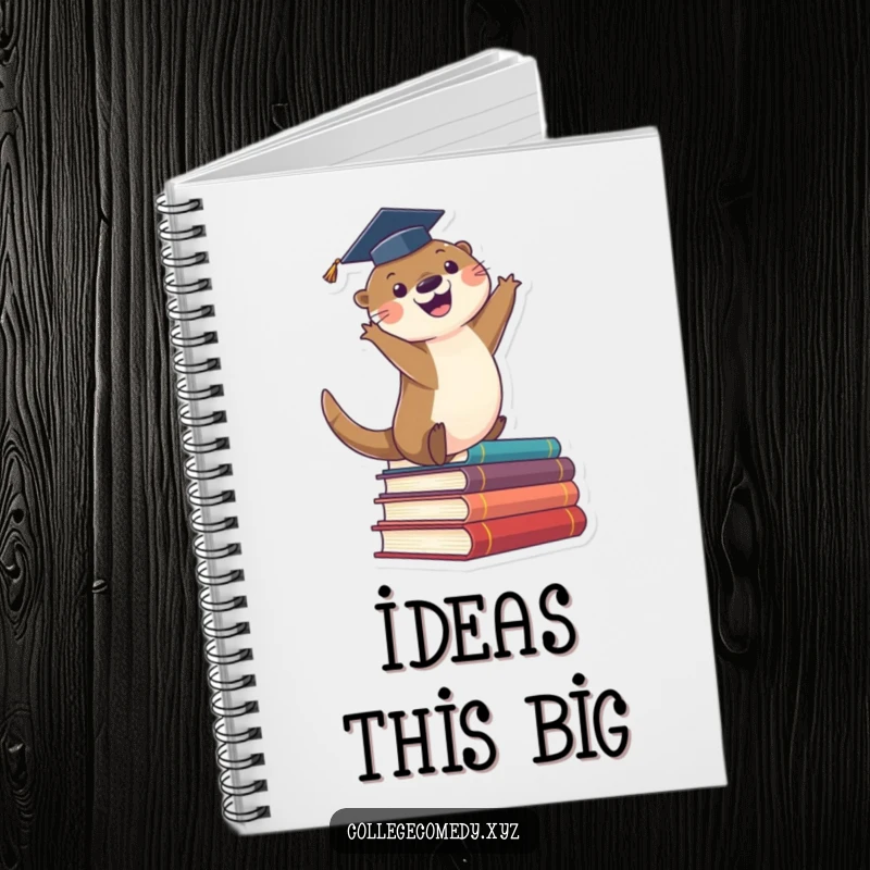 Funny graduation notebook cover featuring a cute otter in a cap, joyfully leaping off a stack of books, ready for notes.