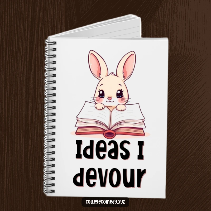 Funny rabbit character peeking into a colorful, open textbook on a notebook, ideal for study notes and journaling.