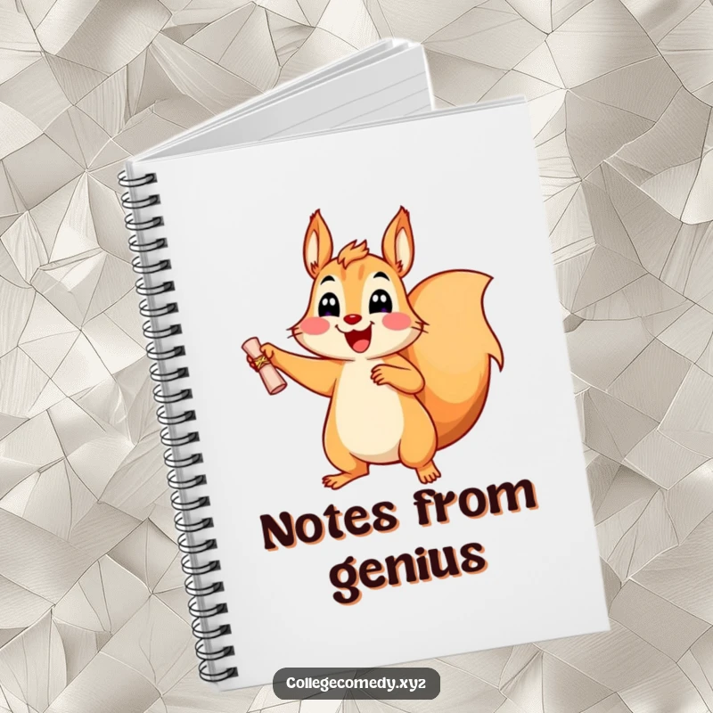 Funny, happy squirrel character with a tiny diploma on a notebook, symbolizing future plans and success.
