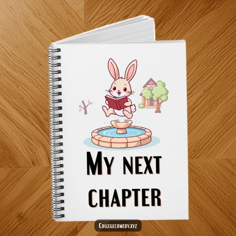 Funny bunny campus notebook cover with an energetic bunny holding a book, leaping over a stylized campus fountain, ready for notes.