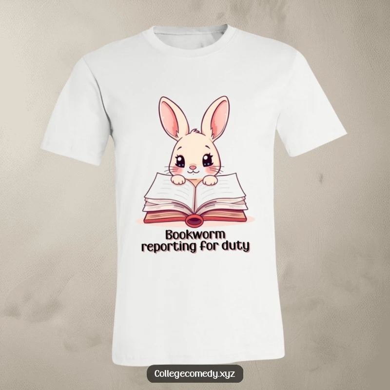 Funny rabbit character peeking into a colorful, open textbook on a T-shirt, perfect for scholars.