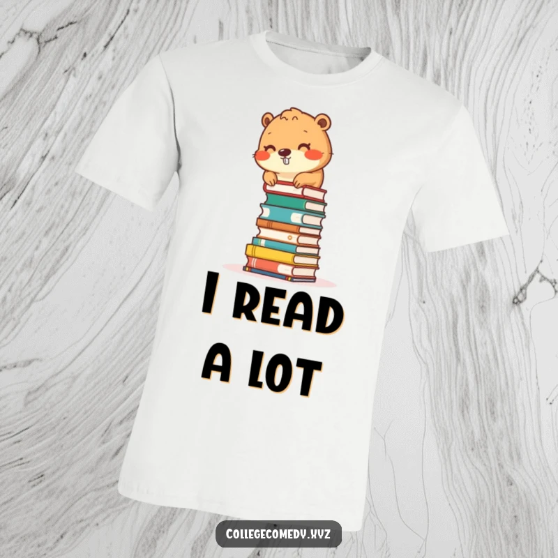 Funny beaver character stacking small books into a tower on a T-shirt, perfect for bookworms.