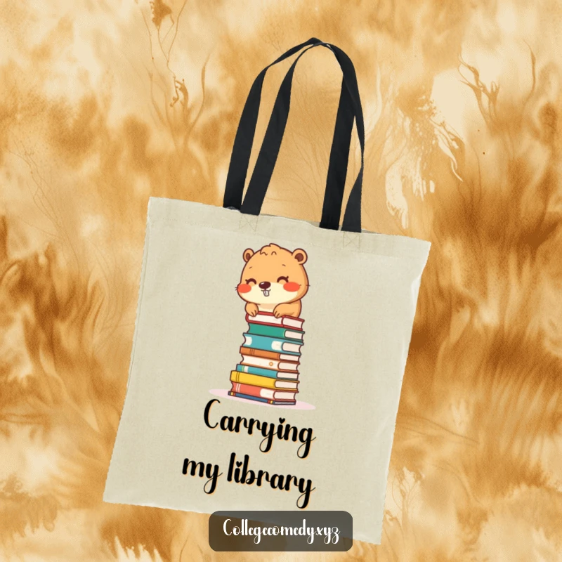 Funny beaver character stacking small books into a tower on a tote bag, ideal for carrying books.