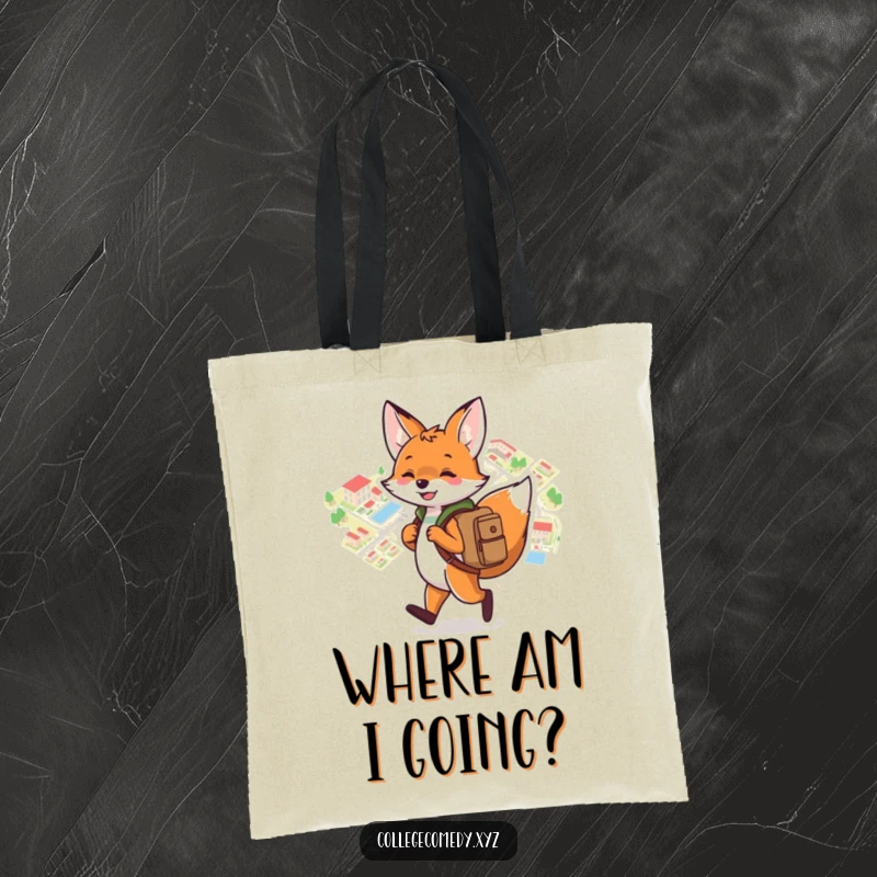 Funny campus tote bag with a playful fox wearing a backpack, joyfully navigating a colorful campus map, perfect for students.